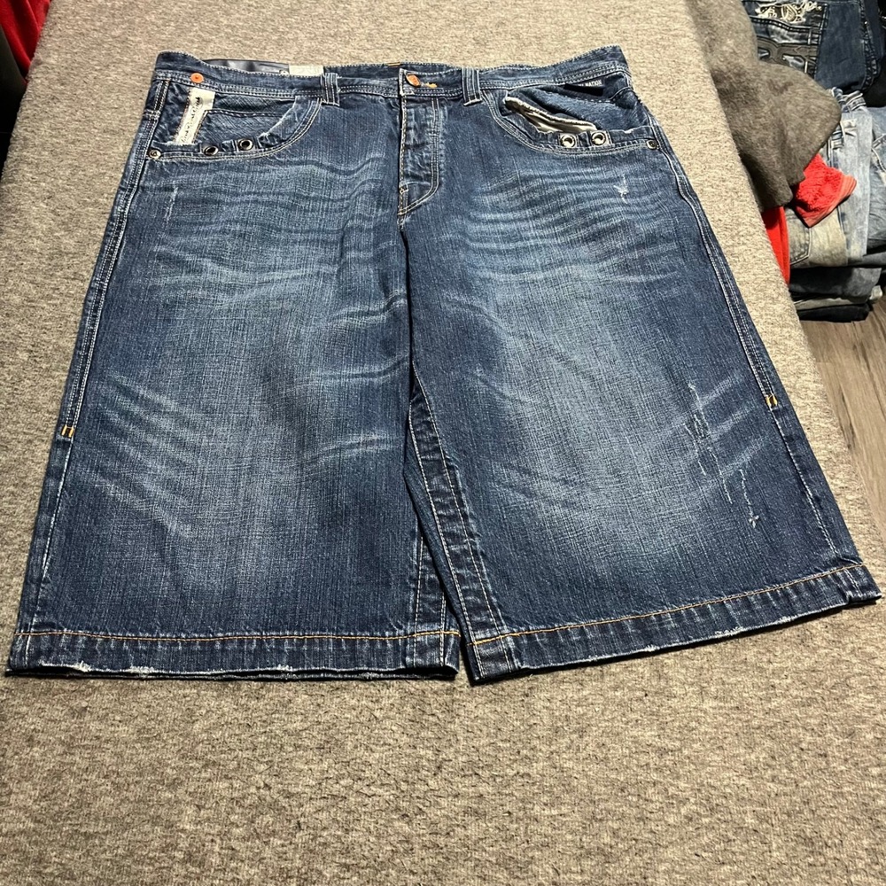 Parish Nation Mens Baggy Denim Shorts Blue Embroidered Y2K Streetwear Size 38 - Picture 4 of 4